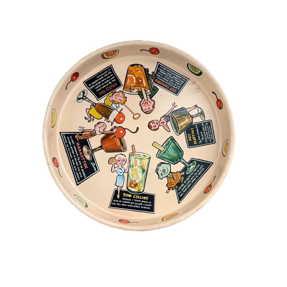 Vintage MCM 50s Masonware Cocktail Tray Characters Cocktail Recipes 13" Retro